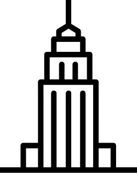A simple black line icon of a tall skyscraper with a spire.